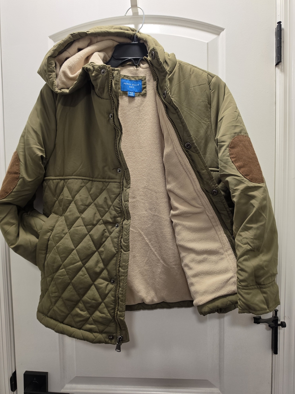 Perry Ellis Olive Green Quilted Hooded Coat with Beige Fleece Lining